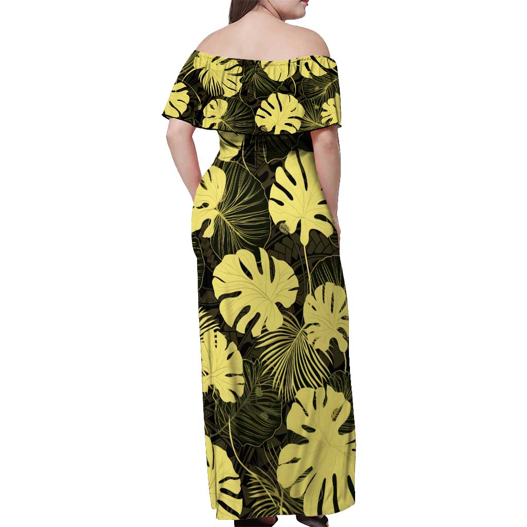 Yellow Hawaii Kukui Nut Lei Off Shoulder Maxi Dress Hawaiian Pattern Monstera Tropical Vibes - Polynesian Pride