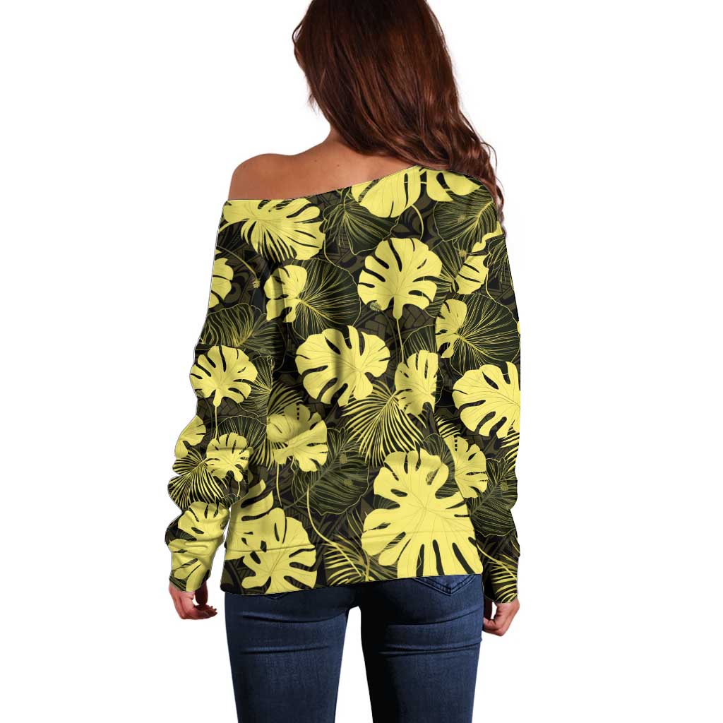 Yellow Hawaii Kukui Nut Lei Off Shoulder Sweater Hawaiian Pattern Monstera Tropical Vibes - Polynesian Pride