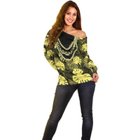 Yellow Hawaii Kukui Nut Lei Off Shoulder Sweater Hawaiian Pattern Monstera Tropical Vibes - Polynesian Pride