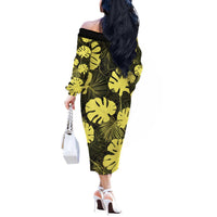 Yellow Hawaii Kukui Nut Lei Off The Shoulder Long Sleeve Dress Hawaiian Pattern Monstera Tropical Vibes - Polynesian Pride