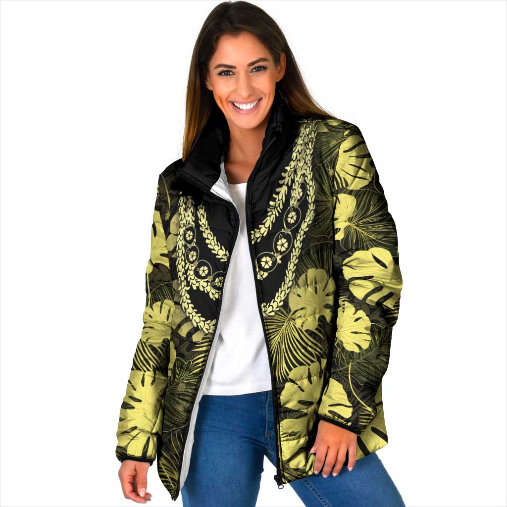Yellow Hawaii Kukui Nut Lei Padded Jacket Hawaiian Pattern Monstera Tropical Vibes - Polynesian Pride