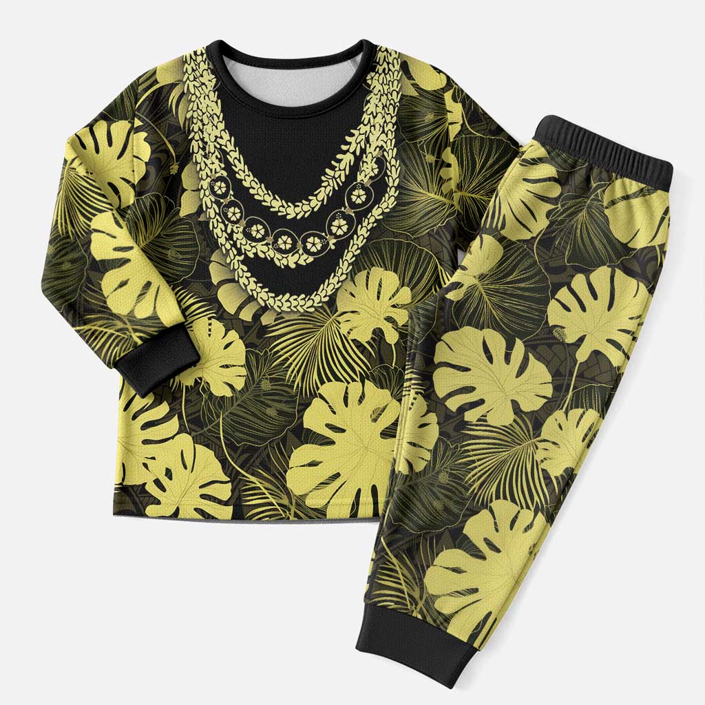 Yellow Hawaii Kukui Nut Lei Christmas Pajama Set Hawaiian Pattern Monstera Tropical Vibes - Polynesian Pride