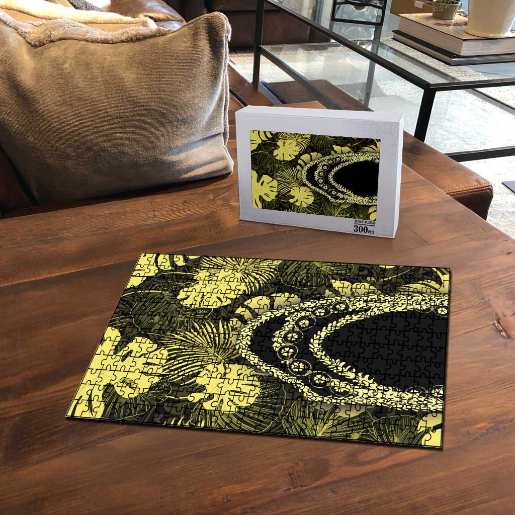 Yellow Hawaii Kukui Nut Lei Puzzle Hawaiian Pattern Monstera Tropical Vibes - Polynesian Pride
