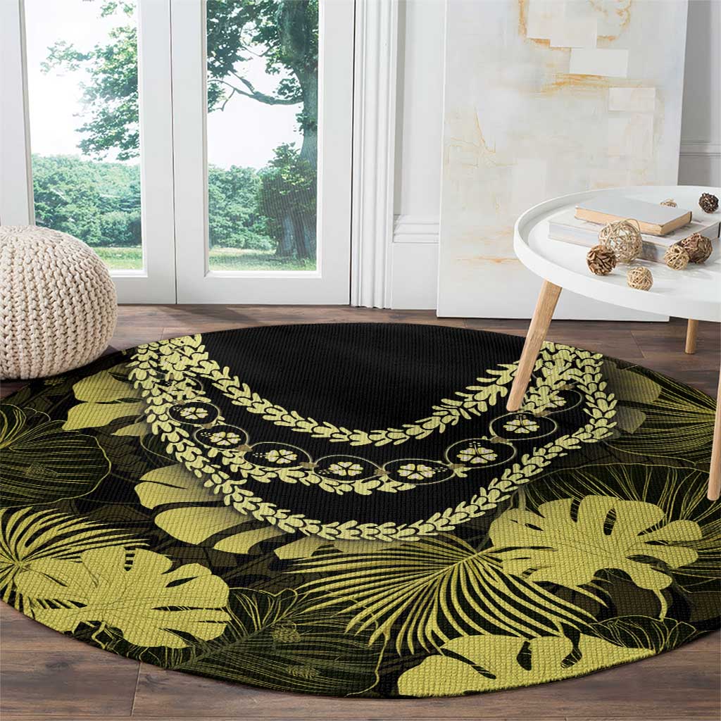 Yellow Hawaii Kukui Nut Lei Round Carpet Hawaiian Pattern Monstera Tropical Vibes - Polynesian Pride