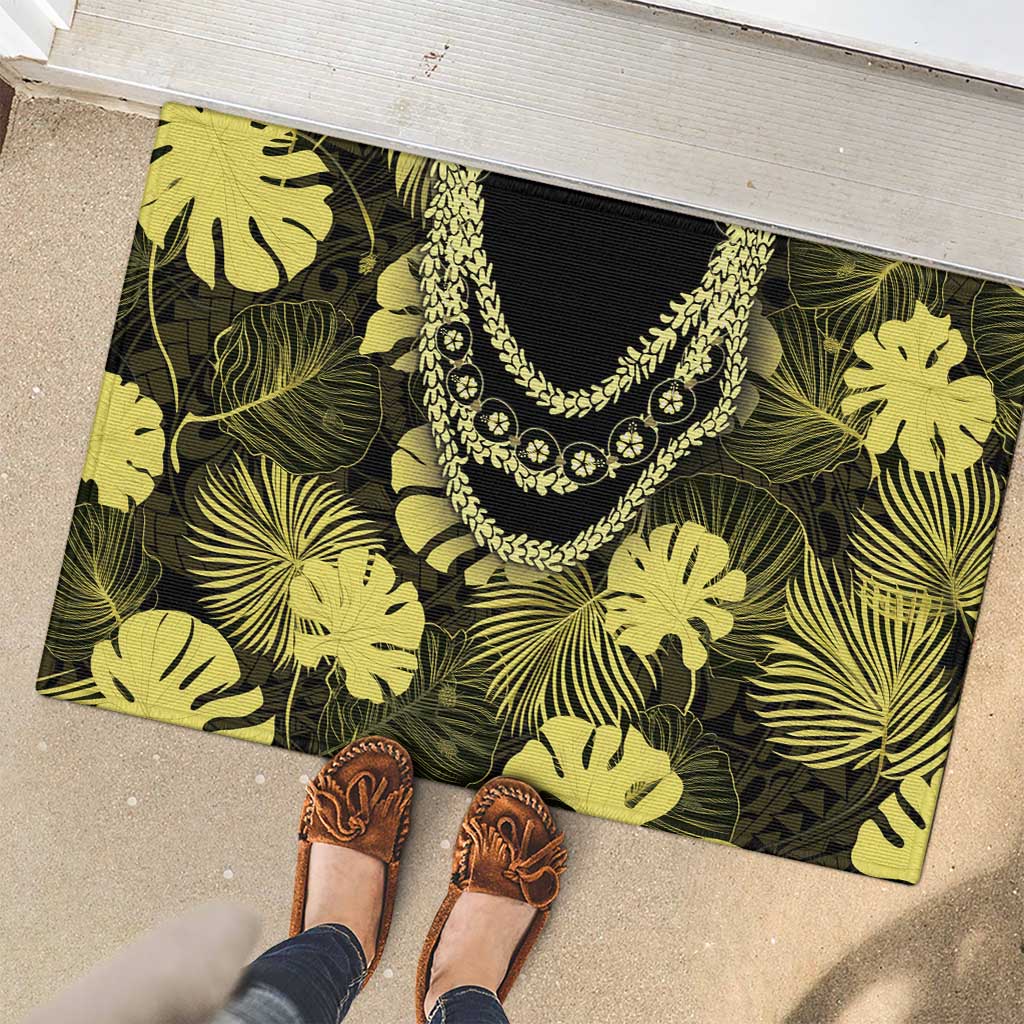 Yellow Hawaii Kukui Nut Lei Rubber Doormat Hawaiian Pattern Monstera Tropical Vibes - Polynesian Pride