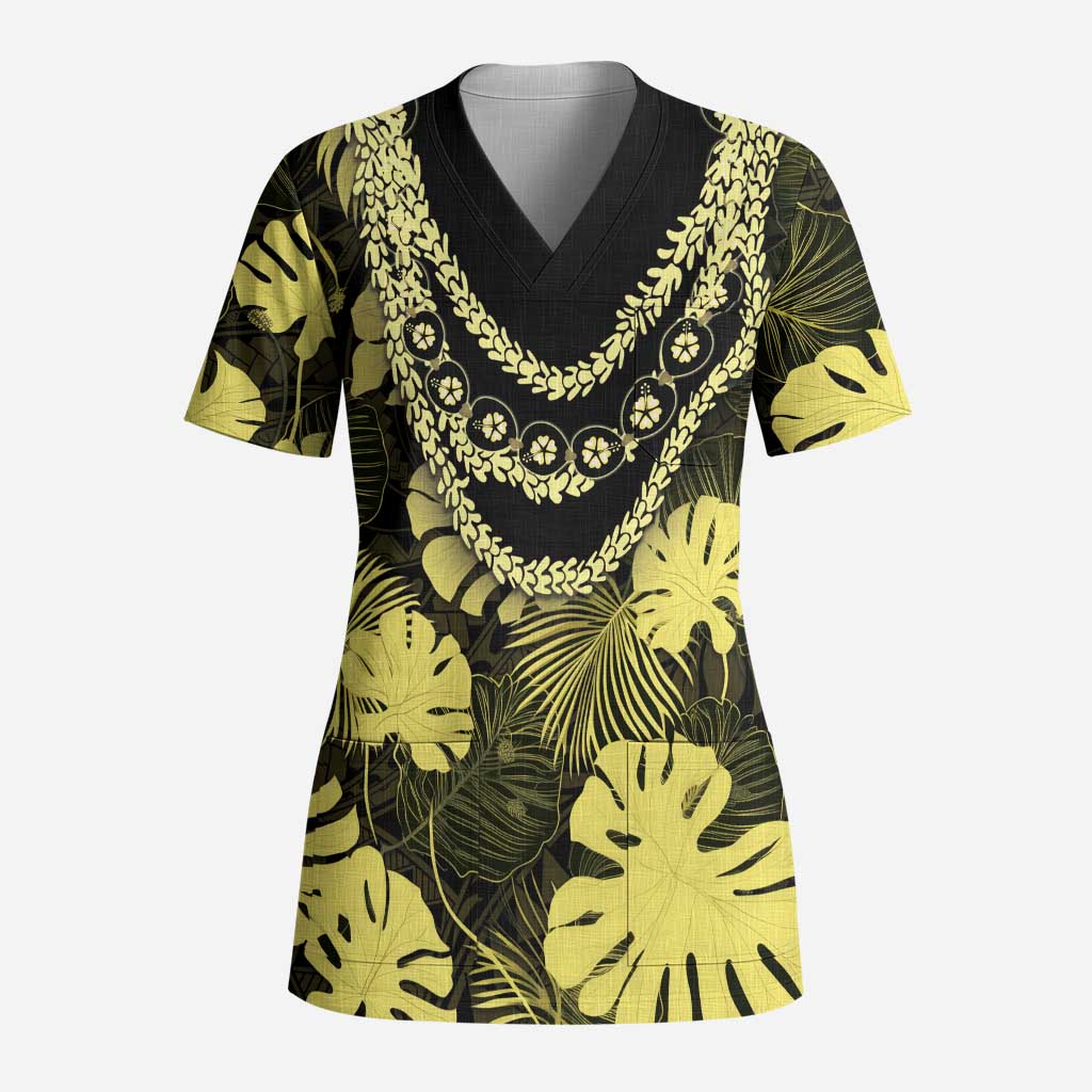 Yellow Hawaii Kukui Nut Lei Scrub Top Hawaiian Pattern Monstera Tropical Vibes - Polynesian Pride