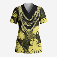 Yellow Hawaii Kukui Nut Lei Scrub Top Hawaiian Pattern Monstera Tropical Vibes - Polynesian Pride