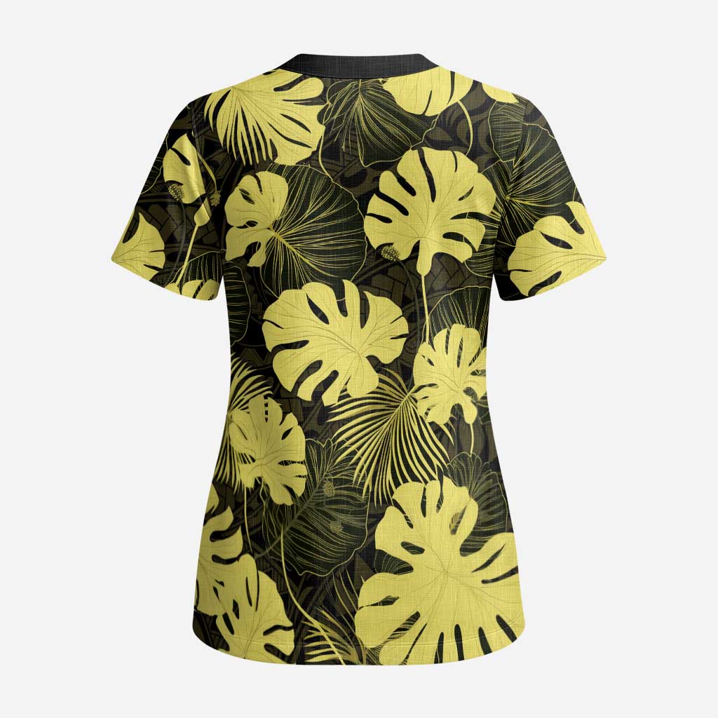 Yellow Hawaii Kukui Nut Lei Scrub Top Hawaiian Pattern Monstera Tropical Vibes - Polynesian Pride
