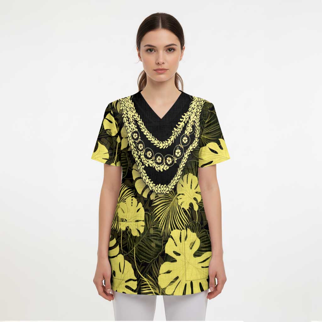Yellow Hawaii Kukui Nut Lei Scrub Top Hawaiian Pattern Monstera Tropical Vibes - Polynesian Pride