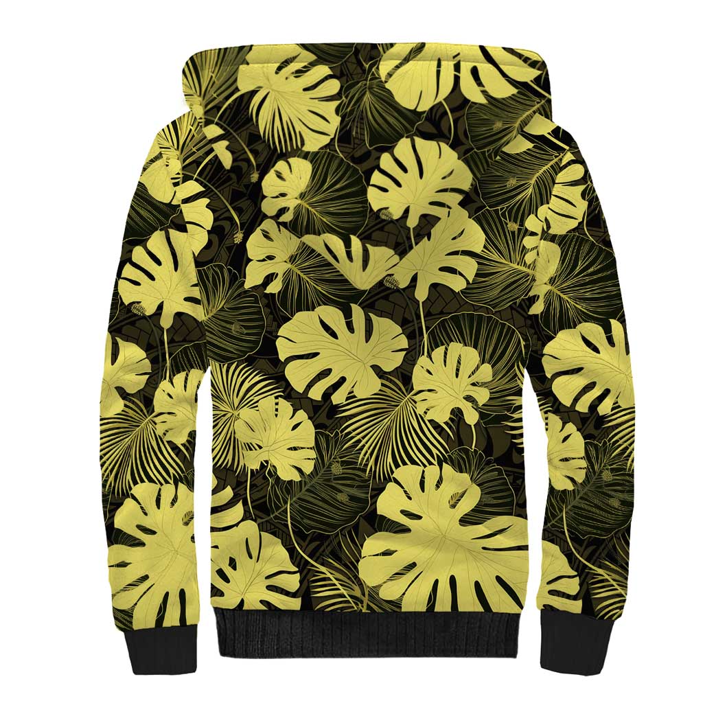 Yellow Hawaii Kukui Nut Lei Sherpa Hoodie Hawaiian Pattern Monstera Tropical Vibes - Polynesian Pride