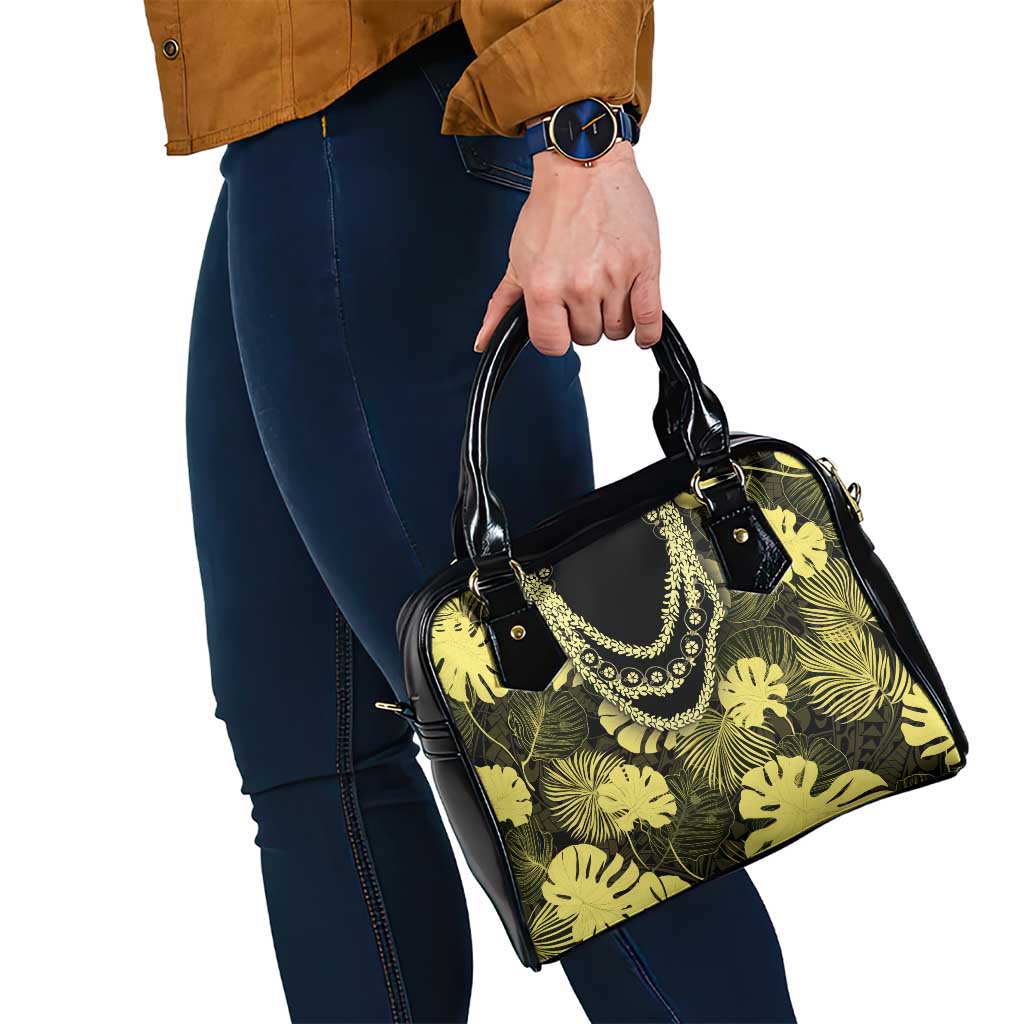 Yellow Hawaii Kukui Nut Lei Shoulder Handbag Hawaiian Pattern Monstera Tropical Vibes - Polynesian Pride
