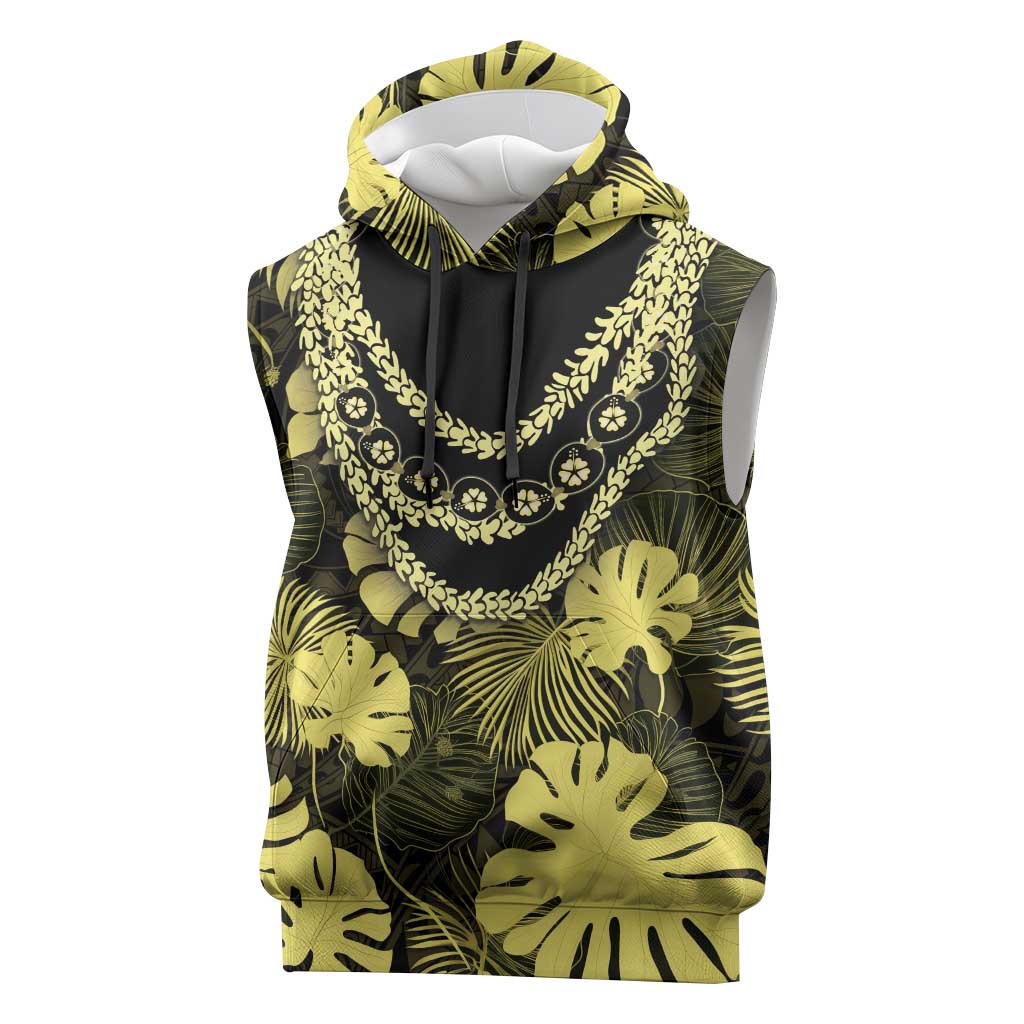 Yellow Hawaii Kukui Nut Lei Sleeveless Hoodie Hawaiian Pattern Monstera Tropical Vibes - Polynesian Pride