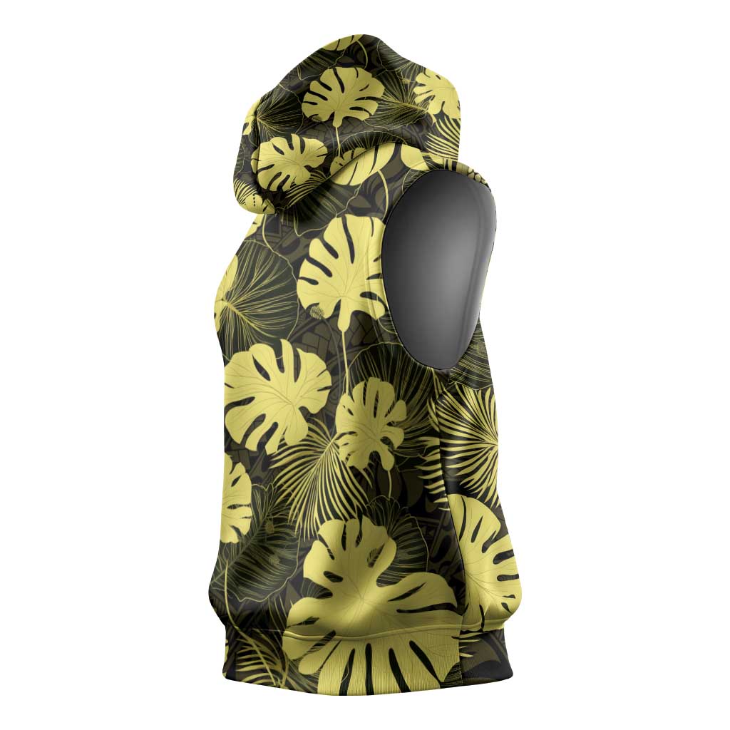 Yellow Hawaii Kukui Nut Lei Sleeveless Hoodie Hawaiian Pattern Monstera Tropical Vibes - Polynesian Pride