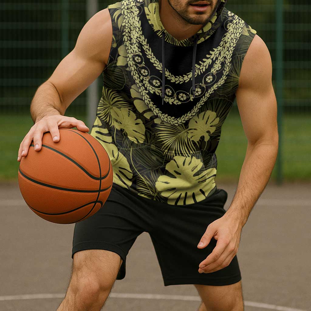 Yellow Hawaii Kukui Nut Lei Sleeveless Hoodie Hawaiian Pattern Monstera Tropical Vibes - Polynesian Pride