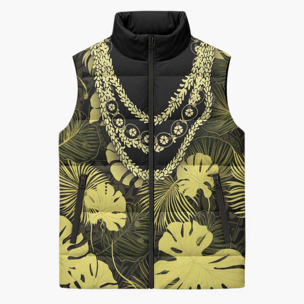 Yellow Hawaii Kukui Nut Lei Sleeveless Puffer Jacket Hawaiian Pattern Monstera Tropical Vibes - Polynesian Pride