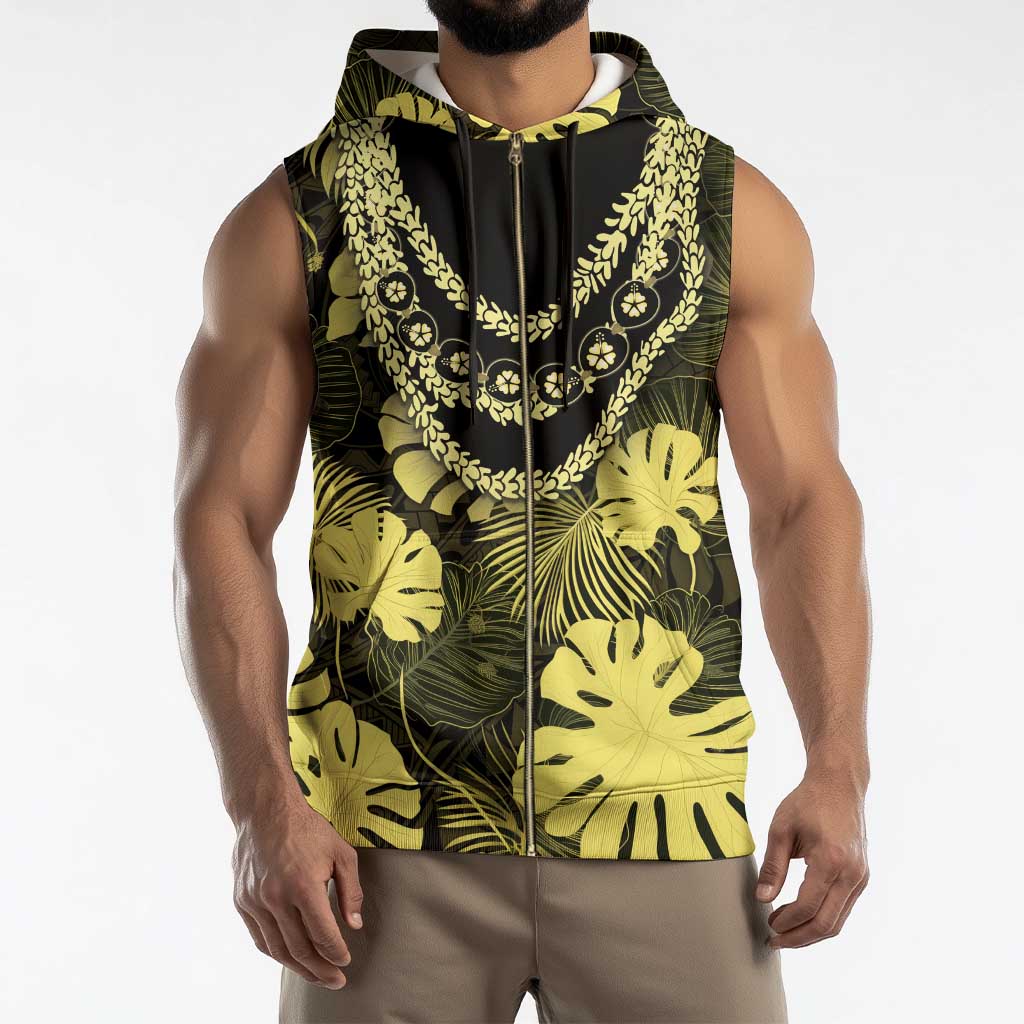Yellow Hawaii Kukui Nut Lei Sleeveless Zip Hoodie Hawaiian Pattern Monstera Tropical Vibes - Polynesian Pride