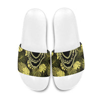 Yellow Hawaii Kukui Nut Lei Slide Sandals Hawaiian Pattern Monstera Tropical Vibes - Polynesian Pride