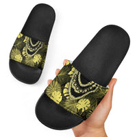 Yellow Hawaii Kukui Nut Lei Slide Sandals Hawaiian Pattern Monstera Tropical Vibes - Polynesian Pride
