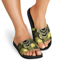 Yellow Hawaii Kukui Nut Lei Slide Sandals Hawaiian Pattern Monstera Tropical Vibes - Polynesian Pride