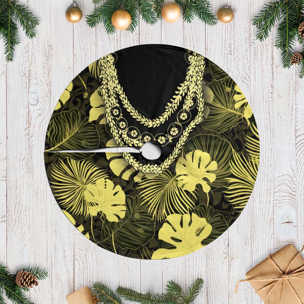 Yellow Hawaii Kukui Nut Lei Tree Skirt Hawaiian Pattern Monstera Tropical Vibes - Polynesian Pride