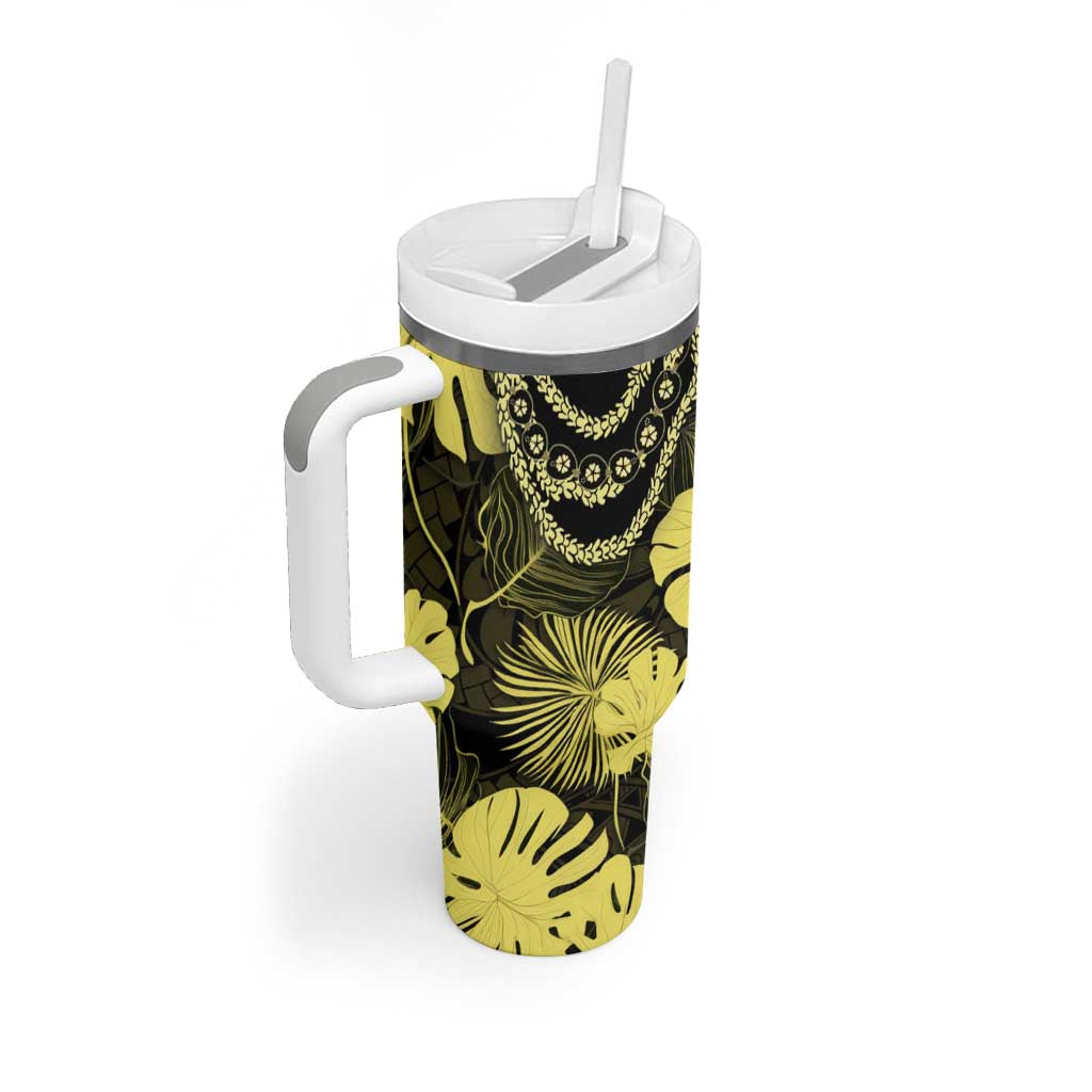 Yellow Hawaii Kukui Nut Lei Tumbler With Handle Hawaiian Pattern Monstera Tropical Vibes - Polynesian Pride