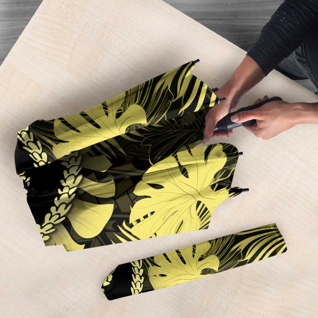 Yellow Hawaii Kukui Nut Lei Umbrella Hawaiian Pattern Monstera Tropical Vibes - Polynesian Pride