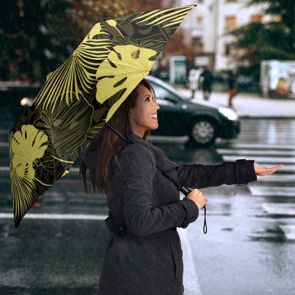 Yellow Hawaii Kukui Nut Lei Umbrella Hawaiian Pattern Monstera Tropical Vibes - Polynesian Pride