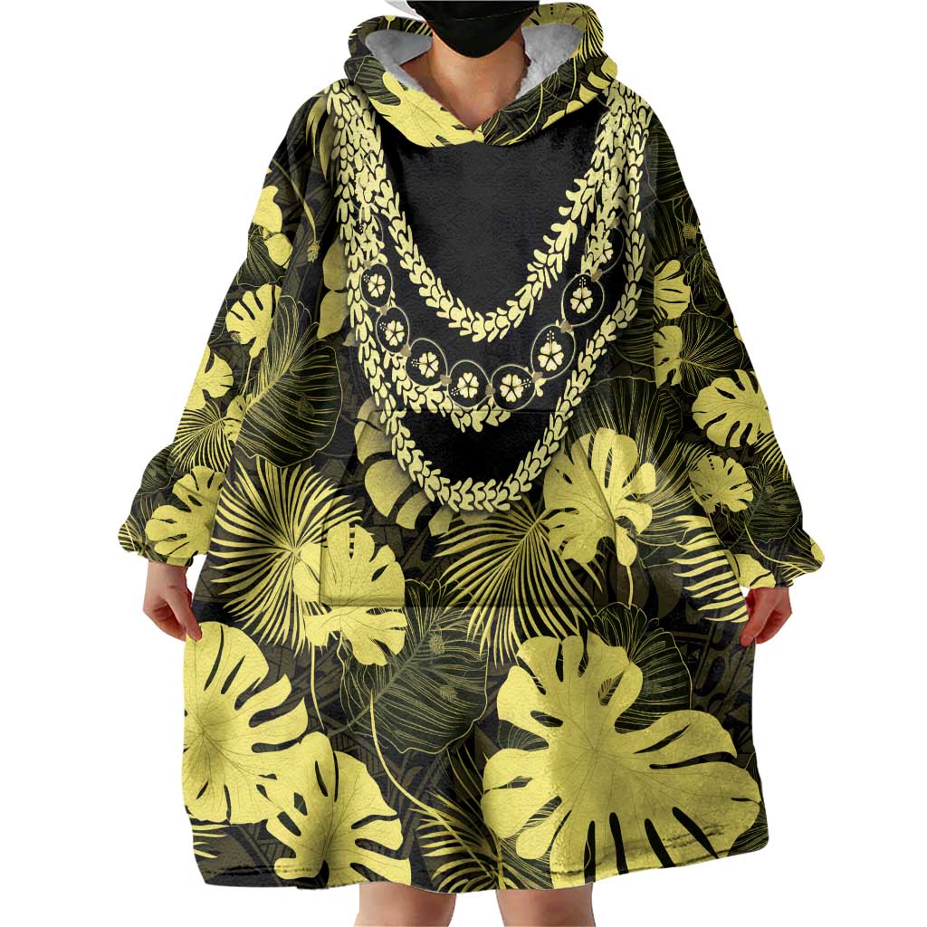 Yellow Hawaii Kukui Nut Lei Wearable Blanket Hoodie Hawaiian Pattern Monstera Tropical Vibes - Polynesian Pride