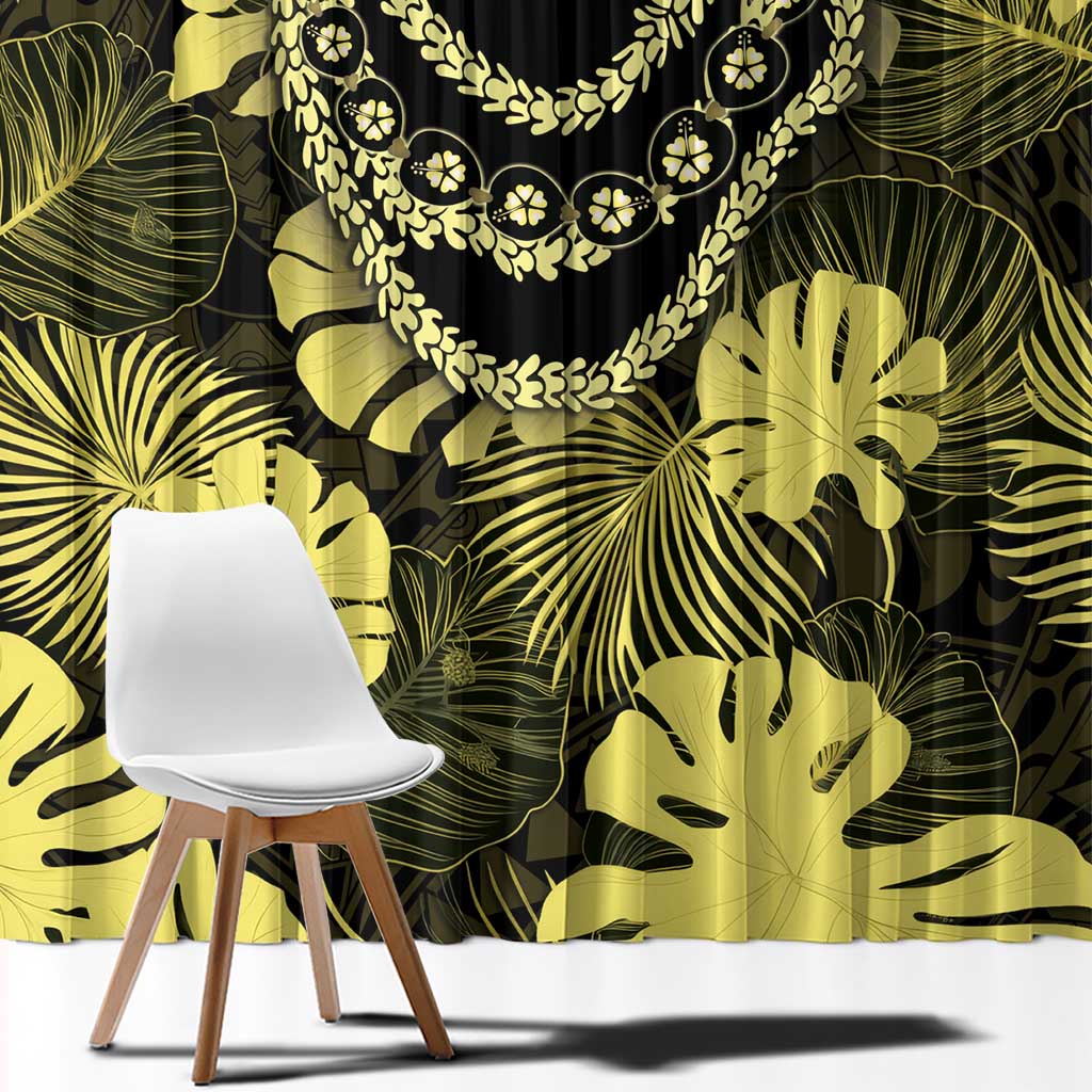 Yellow Hawaii Kukui Nut Lei Window Curtain Hawaiian Pattern Monstera Tropical Vibes - Polynesian Pride