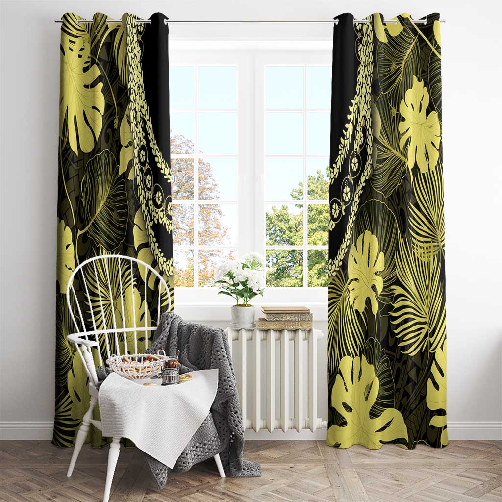 Yellow Hawaii Kukui Nut Lei Window Curtain Hawaiian Pattern Monstera Tropical Vibes - Polynesian Pride