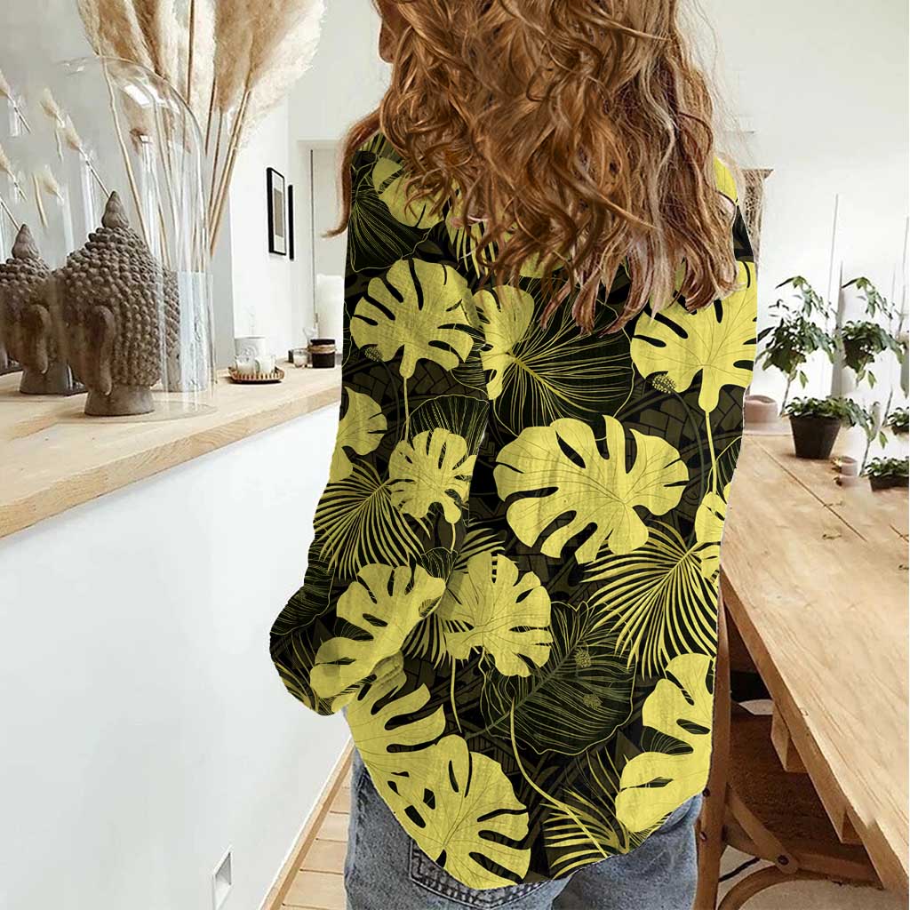 Yellow Hawaii Kukui Nut Lei Women Casual Shirt Hawaiian Pattern Monstera Tropical Vibes - Polynesian Pride