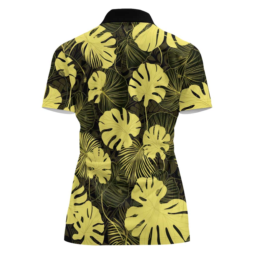 Yellow Hawaii Kukui Nut Lei Women Polo Shirt Hawaiian Pattern Monstera Tropical Vibes - Polynesian Pride