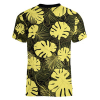 Yellow Hawaii Kukui Nut Lei Women V-Neck T-Shirt Hawaiian Pattern Monstera Tropical Vibes - Polynesian Pride