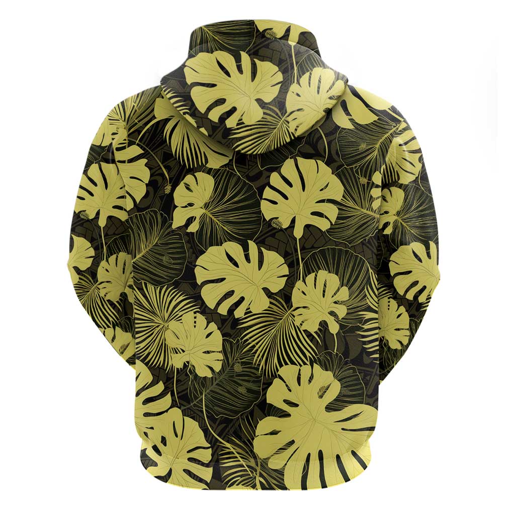 Yellow Hawaii Kukui Nut Lei Zip Hoodie Hawaiian Pattern Monstera Tropical Vibes - Polynesian Pride