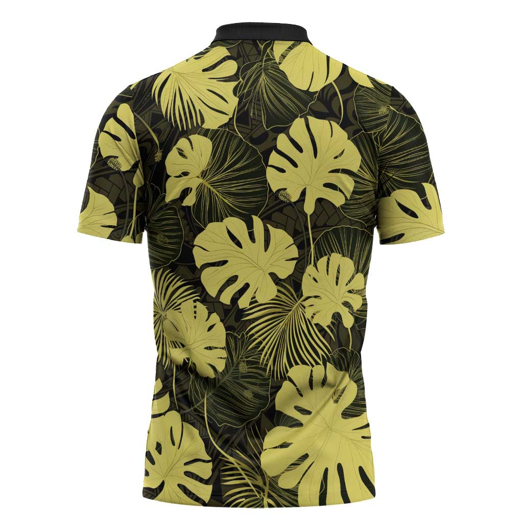 Yellow Hawaii Kukui Nut Lei Zipper Polo Shirt Hawaiian Pattern Monstera Tropical Vibes - Polynesian Pride