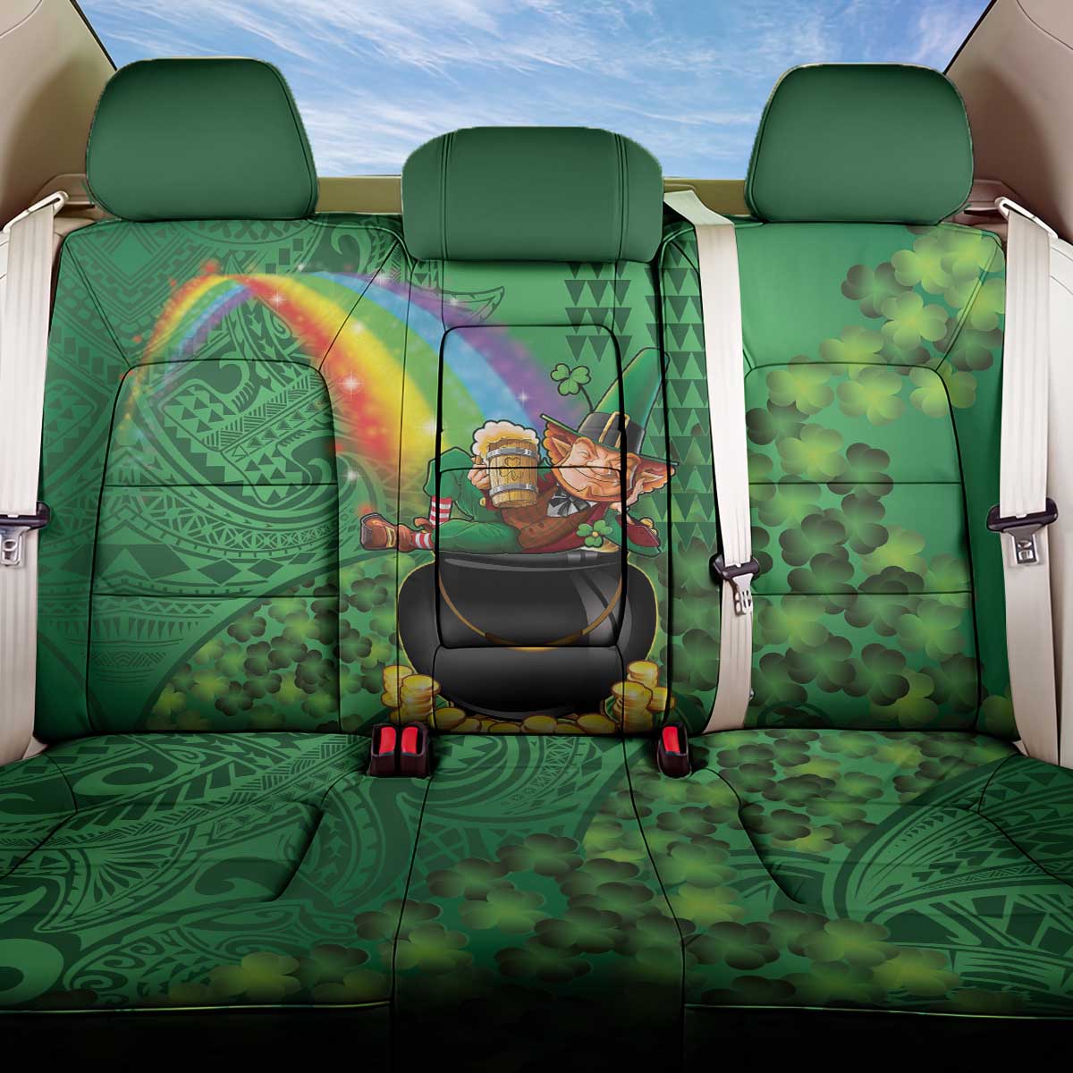 Hawaii Saint Patrick's Day Back Car Seat Cover Funny Leprechaun With Pot Of Gold - Polynesian Tattoo