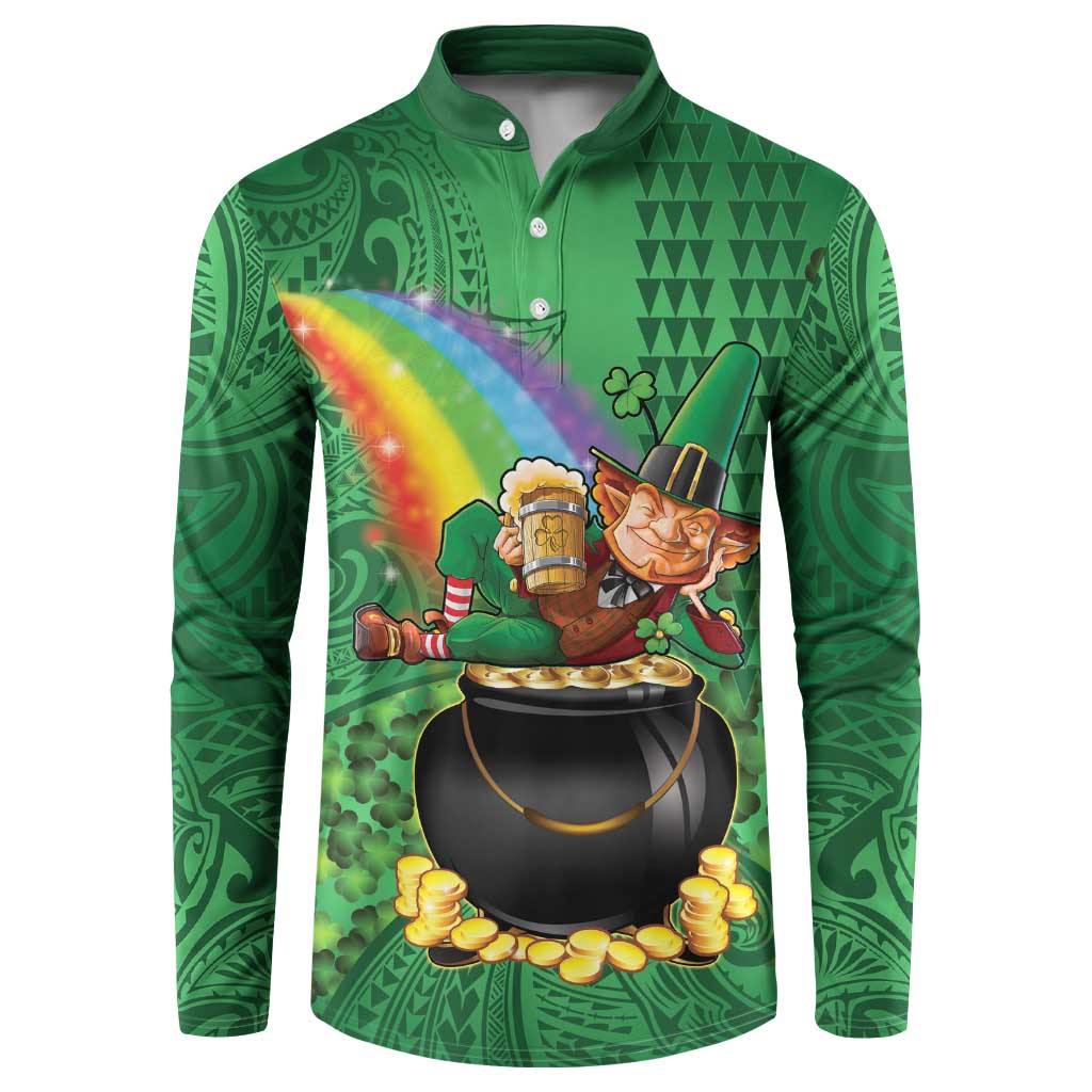 Hawaii Saint Patrick's Day Button Sweatshirt Funny Leprechaun With Pot Of Gold - Polynesian Tattoo