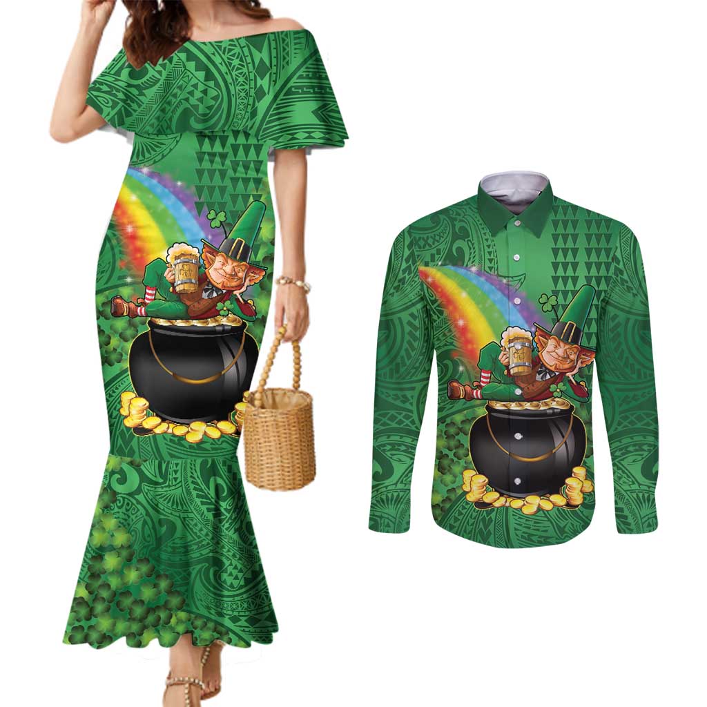 Hawaii Saint Patrick's Day Couples Matching Mermaid Dress and Long Sleeve Button Shirt Funny Leprechaun With Pot Of Gold - Polynesian Tattoo