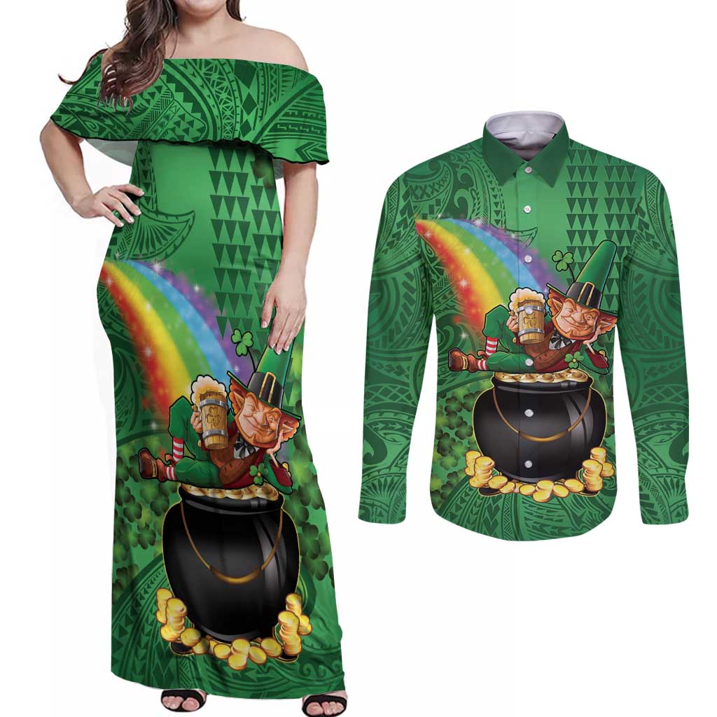 Hawaii Saint Patrick's Day Couples Matching Off Shoulder Maxi Dress and Long Sleeve Button Shirt Funny Leprechaun With Pot Of Gold - Polynesian Tattoo LT14 Green - Polynesian Pride