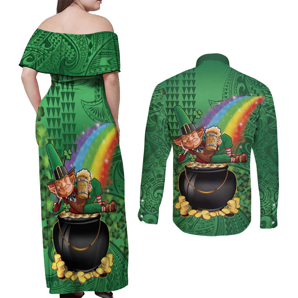 Hawaii Saint Patrick's Day Couples Matching Off Shoulder Maxi Dress and Long Sleeve Button Shirt Funny Leprechaun With Pot Of Gold - Polynesian Tattoo LT14 - Polynesian Pride