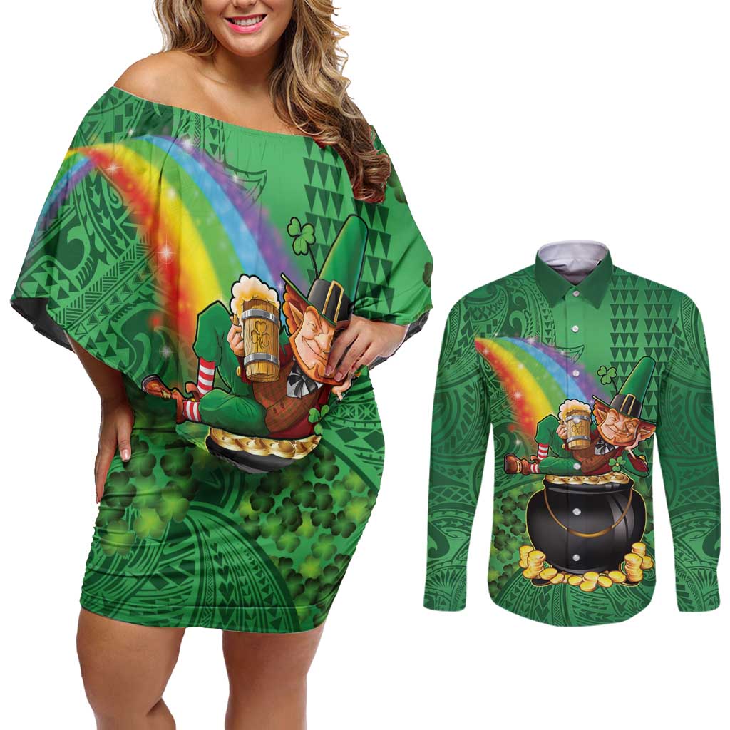 Hawaii Saint Patrick's Day Couples Matching Off Shoulder Short Dress and Long Sleeve Button Shirt Funny Leprechaun With Pot Of Gold - Polynesian Tattoo