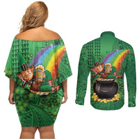 Hawaii Saint Patrick's Day Couples Matching Off Shoulder Short Dress and Long Sleeve Button Shirt Funny Leprechaun With Pot Of Gold - Polynesian Tattoo LT14 - Polynesian Pride