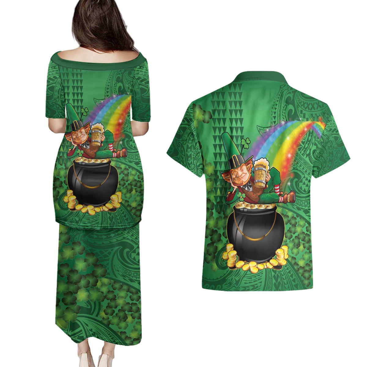 Hawaii Saint Patrick's Day Couples Matching Puletasi and Hawaiian Shirt Funny Leprechaun With Pot Of Gold - Polynesian Tattoo