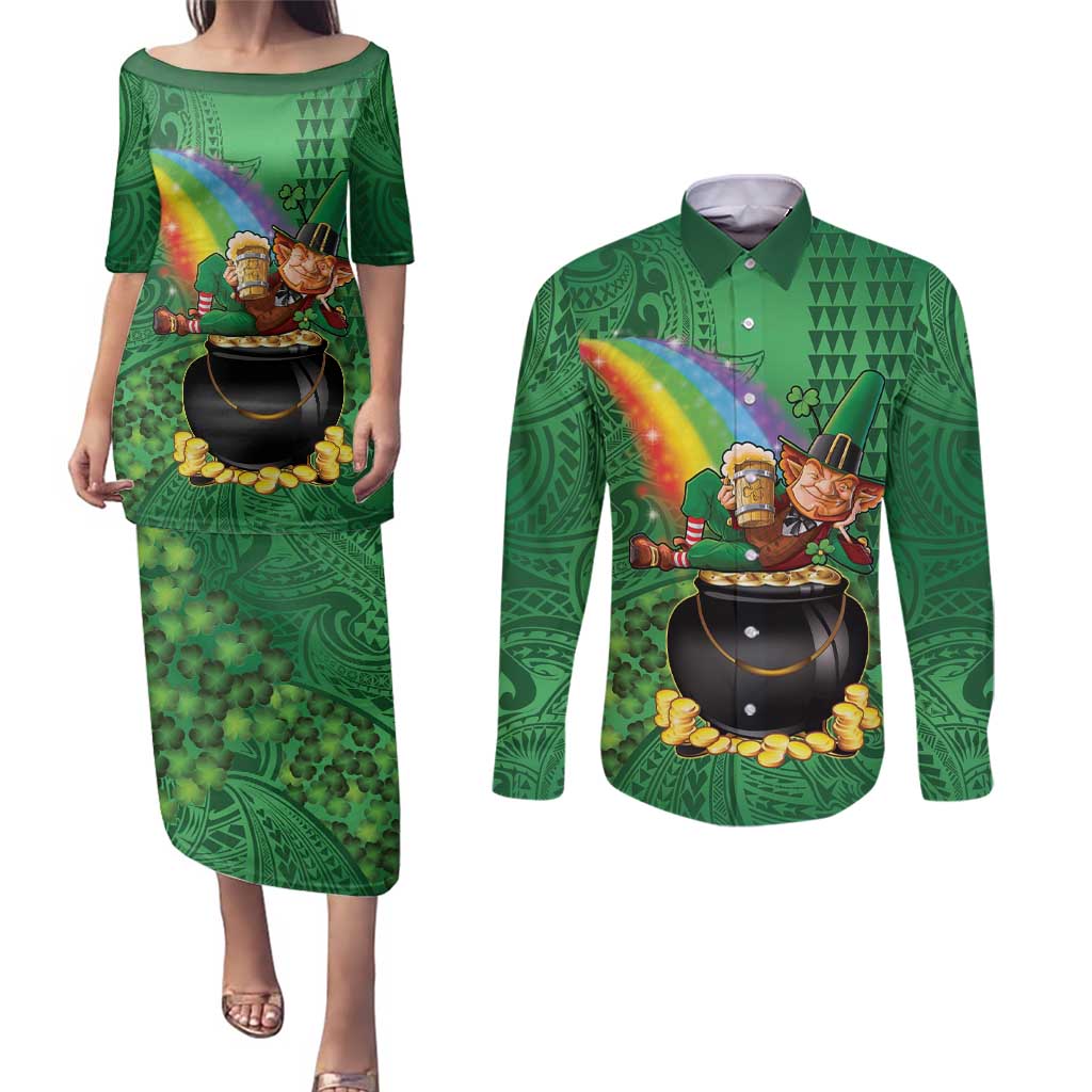 Hawaii Saint Patrick's Day Couples Matching Puletasi and Long Sleeve Button Shirt Funny Leprechaun With Pot Of Gold - Polynesian Tattoo