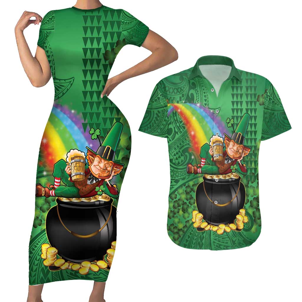 Hawaii Saint Patrick's Day Couples Matching Short Sleeve Bodycon Dress and Hawaiian Shirt Funny Leprechaun With Pot Of Gold - Polynesian Tattoo