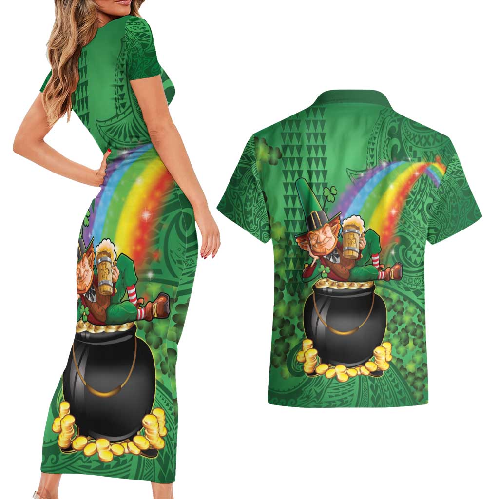 Hawaii Saint Patrick's Day Couples Matching Short Sleeve Bodycon Dress and Hawaiian Shirt Funny Leprechaun With Pot Of Gold - Polynesian Tattoo