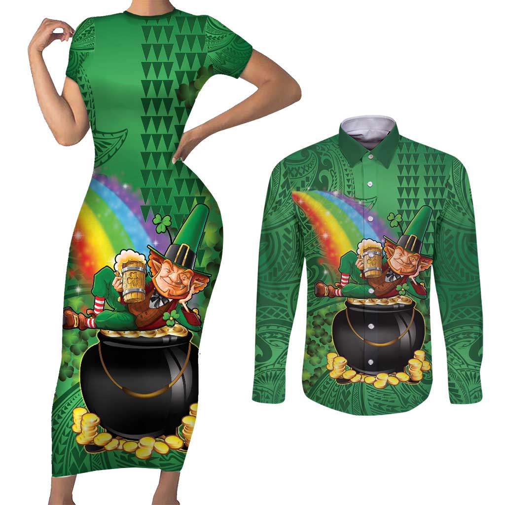 Hawaii Saint Patrick's Day Couples Matching Short Sleeve Bodycon Dress and Long Sleeve Button Shirt Funny Leprechaun With Pot Of Gold - Polynesian Tattoo