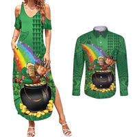 Hawaii Saint Patrick's Day Couples Matching Summer Maxi Dress and Long Sleeve Button Shirt Funny Leprechaun With Pot Of Gold - Polynesian Tattoo LT14 Green - Polynesian Pride