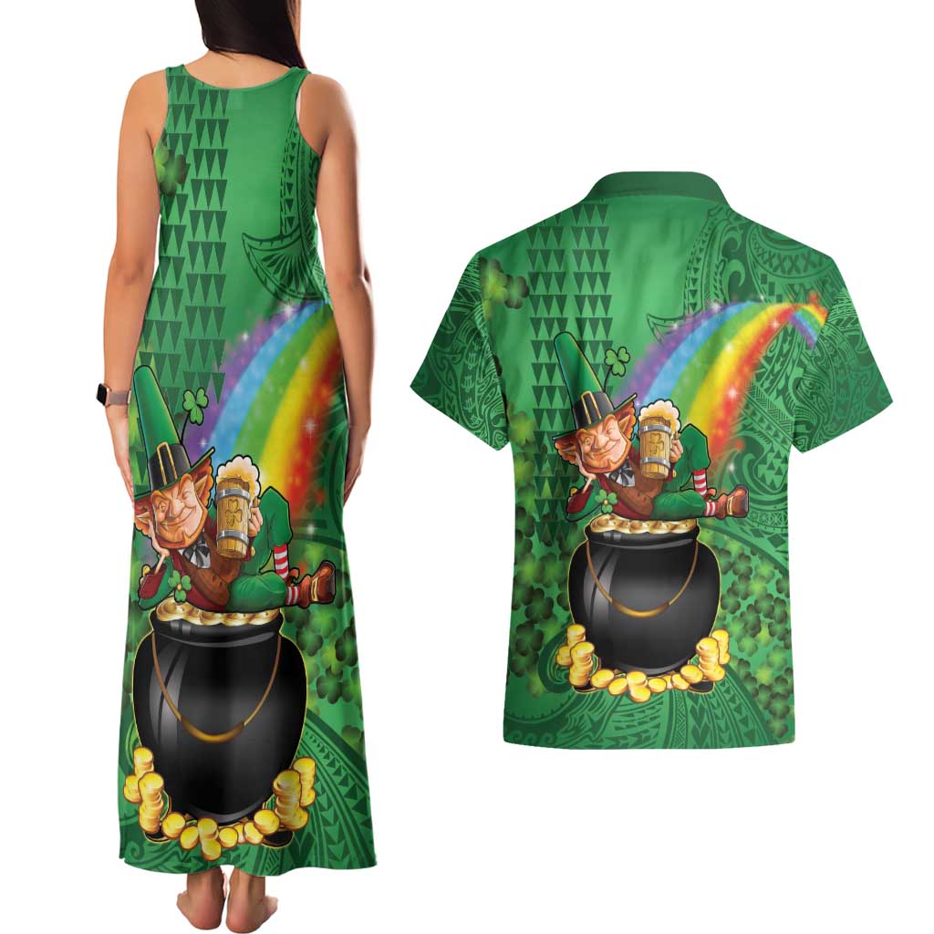Hawaii Saint Patrick's Day Couples Matching Tank Maxi Dress and Hawaiian Shirt Funny Leprechaun With Pot Of Gold - Polynesian Tattoo