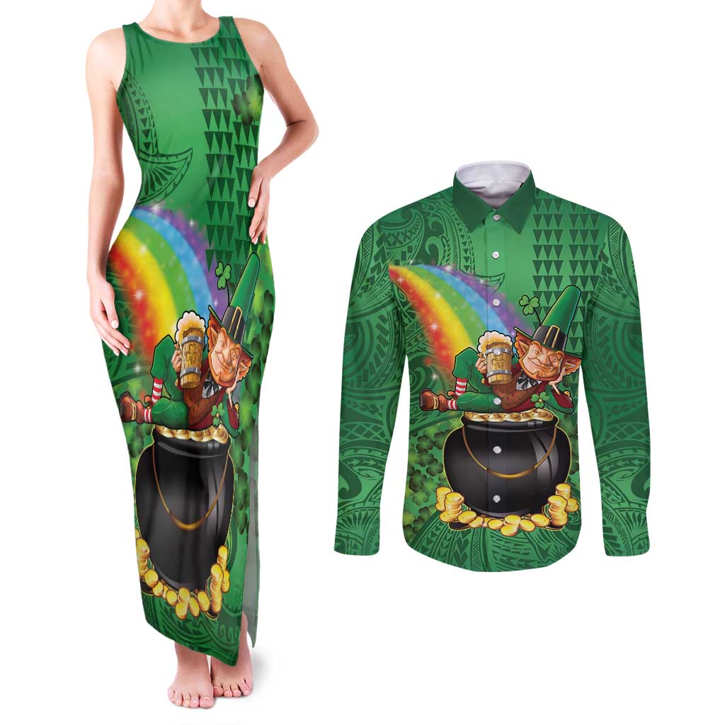 Hawaii Saint Patrick's Day Couples Matching Tank Maxi Dress and Long Sleeve Button Shirt Funny Leprechaun With Pot Of Gold - Polynesian Tattoo